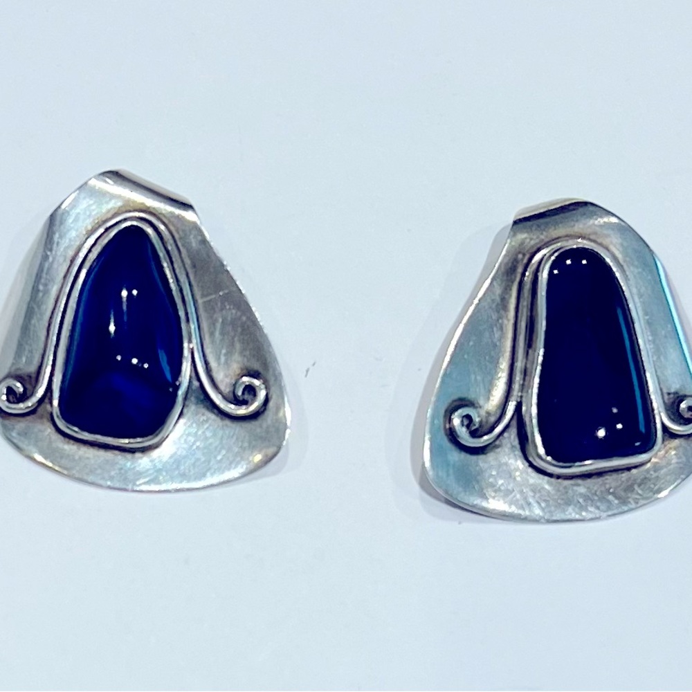 RARE Vintage MCM H. Fred Skaggs Sterling Silver and Blue Glass Art Earrings